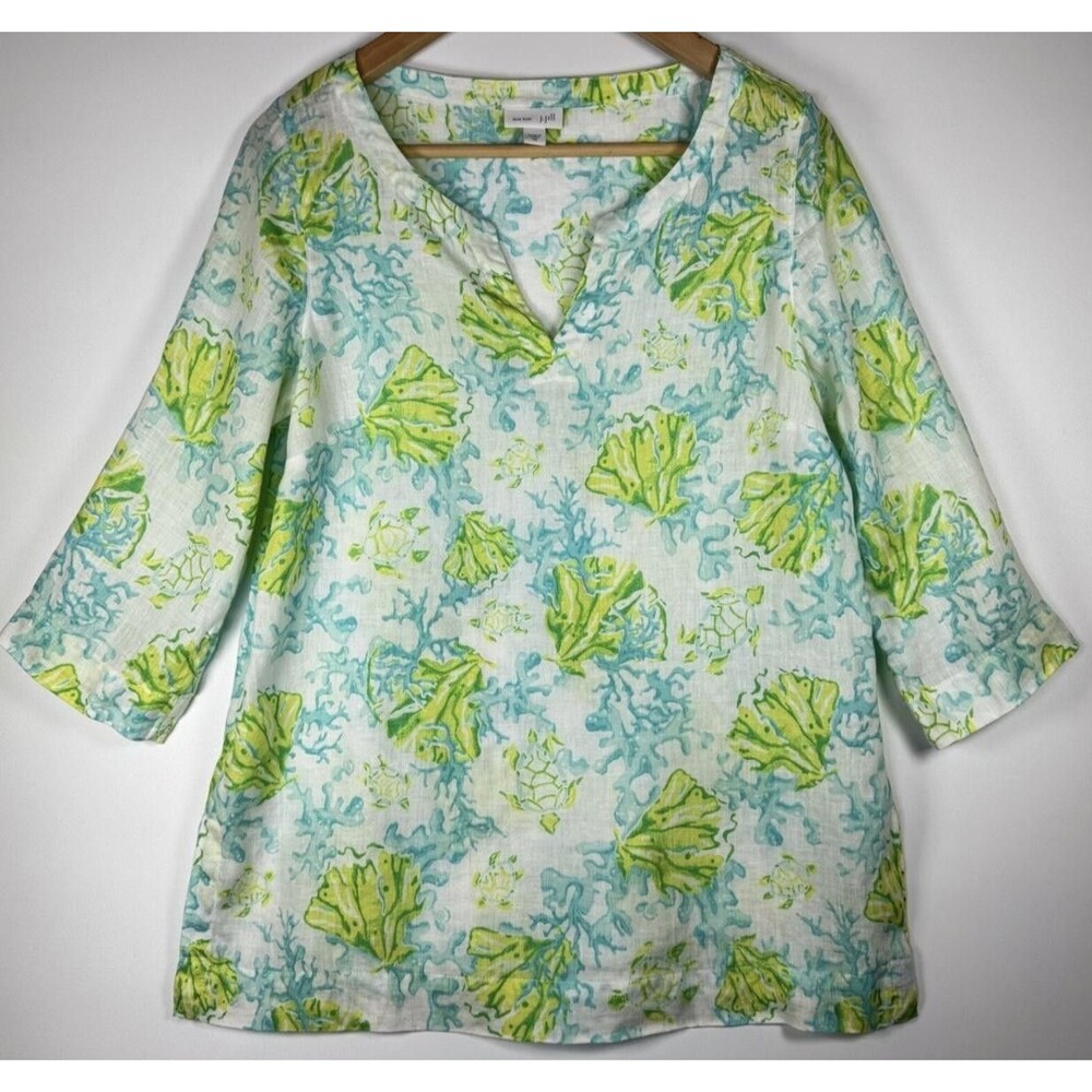 J Jill Love Linen Shirt Womens XS Sea Turtle Print Tunic Top Beach Summer Casual